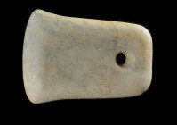 Large Neolithic jade axe. Liangzhu-Kultur, ca. 3300 - 2300 v.Chr. Length 10,5cm, width 6 -7,5cm. Light brown jade with grey and dark brown inclusions....