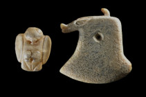 Two Neolithic jade amulets. Hongshan culture, ca. 4700 - 2900 BC. a) Stylised eagle with wings folded. Length 5cm, width 4cm. Jade in shades of brown....