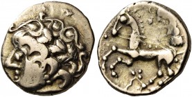 CELTIC, Northwest Gaul. Carnutes. First half of the 1st century BC. Quarter Stater (Gold, 12 mm, 1.80 g, 5 h). Celticized head of Apollo to left, with...