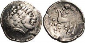 CELTIC, Central Europe. Helvetii. 2nd century BC. Stater (Electrum, 22 mm, 7.22 g, 1 h). Laureate head of Apollo to right, in a rather rude Celtic sty...