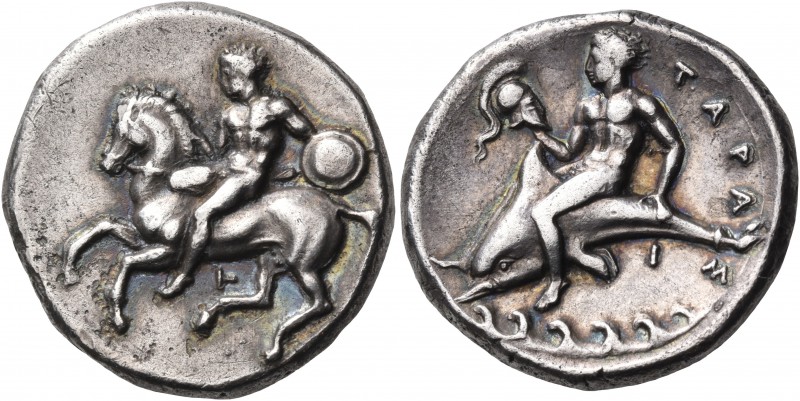 CALABRIA. Tarentum. Circa 344-340 BC. Nomos (Silver, 20 mm, 7.66 g, 3 h). Ephebe...