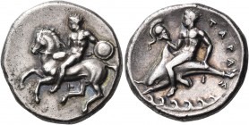 CALABRIA. Tarentum. Circa 344-340 BC. Nomos (Silver, 20 mm, 7.66 g, 3 h). Ephebe, nude, holding a small round shield and a lance with his left hand an...