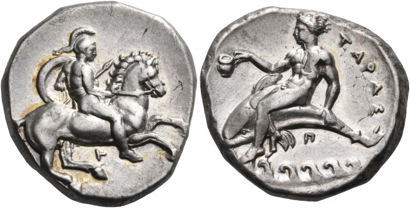 CALABRIA. Tarentum. Circa 344-340 BC. Nomos (Silver, 21 mm, 7.99 g, 9 h). Helmet...