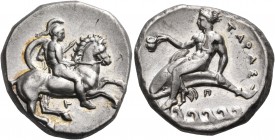 CALABRIA. Tarentum. Circa 344-340 BC. Nomos (Silver, 21 mm, 7.99 g, 9 h). Helmeted ephebe, nude, holding a small round shield and a lance with his lef...