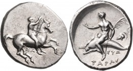 CALABRIA. Tarentum. Circa 315 BC. Nomos (Silver, 22 mm, 7.93 g), circa 315 BC. Nude rider on horse rearing to right, holding the reins with his left h...
