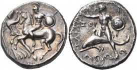 CALABRIA. Tarentum. 302-280 BC. Nomos (Silver, 22 mm, 7.56 g, 5 h). On the left, Nike standing facing, turned slightly to the right to grasp the reins...