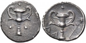 CALABRIA. Tarentum. Circa 280-228 BC. Obol (Silver, 11 mm, 0.29 g, 3 h). Kantharos, with a pellet above, to left and to right. Rev. Kantharos with a p...