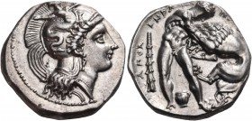 LUCANIA. Herakleia. Circa 390-340 BC. Nomos (Silver, 20 mm, 7.97 g), circa 350-340. Head of Athena to right, wearing crested helmet ornamented, on the...