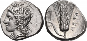 LUCANIA. Metapontum. Circa 330-290 BC. Didrachm or nomos (Silver, 22 mm, 7.81 g, 5 h), Atha.... Head of Demeter to left, wearing grain wreath, triple ...