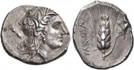 LUCANIA. Metapontum. Circa 290-280 BC. Didrachm or nomos (Silver, 19 mm, 7.96 g, 9 h). Head of Demeter to right, wearing grain wreath, triple pendant ...