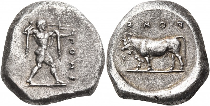 LUCANIA. Poseidonia. Circa 470-445 BC. Stater (Silver, 18 mm, 7.96 g, 12 h). ΠΟΜ...