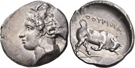 LUCANIA. Thourioi. Circa 370 BC. Distater (Silver, 27 mm, 15.40 g, 5 h). Head of Athena to left, wearing helmet adorned, on the bowl, with Skylla rais...