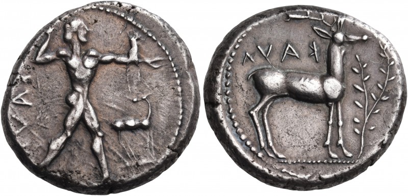 BRUTTIUM. Kaulonia. Circa 475-425 BC. Stater (Silver, 20 mm, 8.07 g, 2 h). ΚΑVΛ ...