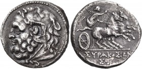 SICILY. Syracuse. Fifth Democracy, 214-212 BC. Litra (Silver, 19 mm, 4.85 g, 7 h). Bearded head of Herakles to left, wearing lion's skin headdress. Re...