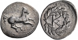 SICILY. Tauromenion. Campanian mercenaries, 354/3-344 BC. Litra (Silver, 11 mm, 0.49 g, 6 h). Horse galloping right, bridle hanging loose. Rev. Monogr...