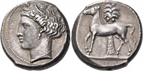 SICILY. Unlocated Punic mints. Circa 350/340-330 BC. Tetradrachm (Silver, 24 mm, 17.45 g, 12 h). Head of Kore to left, wearing wreath of grain leaves,...
