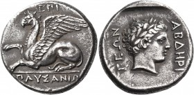 THRACE. Abdera. Circa 375/3-365/0 BC. Stater (Silver, 23 mm, 11.11 g, 3 h), Pausanias. ΕΠΙ / ΠΑΥΣΑΝΙΩ Griffin seated to left, right forepaw raised. Re...