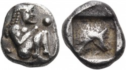 THRACO-MACEDONIAN REGION. Siris. Circa 500-490 BC. Trihemiobol or 1/8 Stater (Silver, 9 mm, 1.29 g). Nude satyr seated right with his knees up before ...