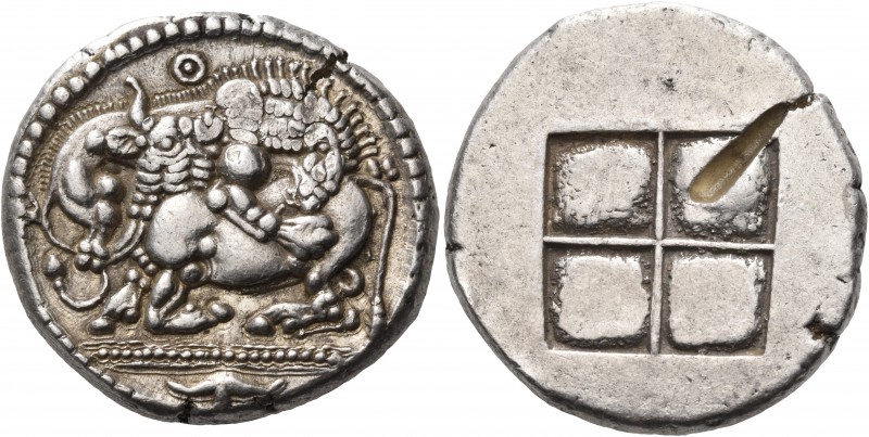 MACEDON. Akanthos. Circa 470 BC. Tetradrachm (Silver, 26 mm, 16.95 g). Lion to r...