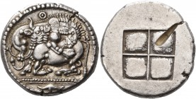 MACEDON. Akanthos. Circa 470 BC. Tetradrachm (Silver, 26 mm, 16.95 g). Lion to right, attacking bull, collapsing to left with head raised to right; ab...