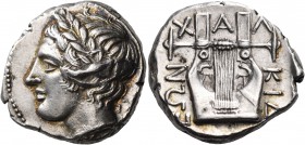 MACEDON, Chalkidian League. Circa 432-348 BC. Tetradrachm (Silver, 22 mm, 14.43 g, 1 h), Olynthos, c. 420-417. Laureate head of Apollo to left. Rev. Χ...