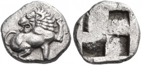 MACEDON. Phagres. Circa 450 BC. Trihemiobol (Silver, 11 mm, 1.19 g). Lion seated to right, his head turned back to left. Rev. Quadripartite incuse squ...