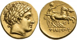 KINGS OF MACEDON. Philip II, 359-336 BC. Stater (Gold, 17 mm, 8.64 g, 12 h), Pella, c. 340-328 or c. 336-328. Laureate head of Apollo to right. Rev. Φ...