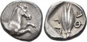 THESSALY, Thessalian League. 470s-460s BC. Hemidrachm (Silver, 14 mm, 2.89 g, 11 h). Forepart of a horse to right. Rev. ΦΕ - ΤΑ ( retrograde ) Barley ...