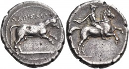THESSALY. Larissa. Circa 370 BC. Drachm (Silver, 21 mm, 5.96 g, 2 h). ΛΑΡΙΣΑΙΩΝ Bull leaping to right. Rev. Thessalian horseman, wearing tunic, chlamy...