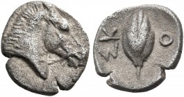 THESSALY. Skotussa. Circa 465-460 BC. Hemiobol (Silver, 8 mm, 0.45 g, 1 h). Head and neck of bridled horse to right. Rev. ΣΚ - Ο Sprouting barley grai...