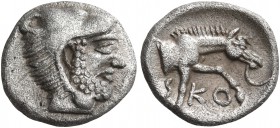 THESSALY. Skotussa. Circa 394-367 BC. Obol (Silver, 11 mm, 0.99 g, 7 h). Head of Herakles to right, wearing lion's skin headdress. Rev. ϟ-KO Forepart ...