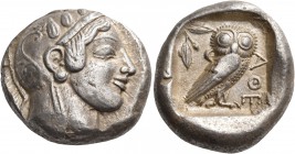 ATTICA. Athens. Circa 469-460 BC. Tetradrachm (Silver, 23 mm, 17.11 g, 3 h). Head of Athena to right, wearing crested Attic helmet adorned with three ...