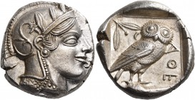 ATTICA. Athens. Circa 450-445 BC. Tetradrachm (Silver, 25 mm, 17.24 g, 8 h). Head of Athena to right, wearing crested Attic helmet adorned with three ...