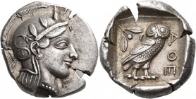 ATTICA. Athens. Circa 449-404 BC. Tetradrachm (Silver, 26 mm, 17.18 g, 9 h), mid 440s. Head of Athena to right, wearing crested Attic helmet adorned w...