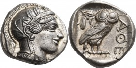 ATTICA. Athens. Circa 449-404 BC. Tetradrachm (Silver, 25 mm, 17.22 g, 10 h), 430s. Head of Athena to right, wearing crested Attic helmet adorned with...