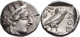 ATTICA. Athens. Circa 420s BC. Tetradrachm (Silver, 21 mm, 17.15 g). Head of Athena to right, wearing disc earring, pearl necklace and a crested Attic...