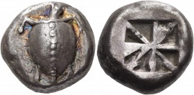 ISLANDS OFF ATTICA, Aegina. Circa 520/510-500 BC. Stater (Silver, 12.26 g). Sea turtle, with a thin collar and a row of dots down the carapace. Rev. “...