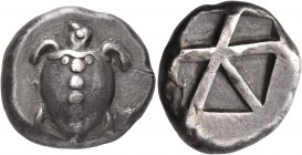 ISLANDS OFF ATTICA, Aegina. Circa 480-457 BC. Stater (Silver, 20 mm, 12.25 g). Sea turtle with a T-shaped design of line of five large pellets down th...
