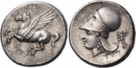 CORINTHIA. Corinth. Circa 375-300 BC. Stater (Silver, 22 mm, 8.58 g, 9 h). Pegasos flying left with straight wings; below, Ϙ. Rev. Head of Aphrodite t...
