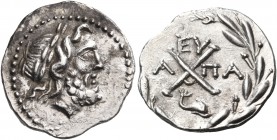 ACHAIA, Achaian League. Patrai. Circa 86 BC. Hemidrachm (Silver, 16 mm, 2.48 g, 9 h). Laureate head of Zeus to right. Rev. Achaean League monogram; ab...