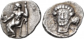ARKADIA, Arkadian League. Tegea. Circa 465-460 BC. Hemidrachm (Silver, 15 mm, 2.98 g, 8 h). Zeus Lykaios, seen partially from behind, seated left on l...