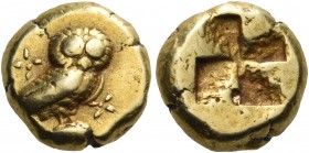 MYSIA. Kyzikos. Circa 400-350 BC. Hekte (Electrum, 10 mm, 2.67 g). Owl, with facing head, standing right on a tunny fish swimming to right; in field t...