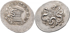 MYSIA. Pergamon. Circa 166-133 BC. Cistophorus (Silver, 32 mm, 12.75 g, 12 h), c. 160-150. Serpent emerging to left from a partially open cista mystic...