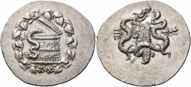 MYSIA. Pergamon. Circa 166-67 BC. Cistophorus (Silver, 32 mm, 12.77 g, 12 h), c. 160-150. Serpent emerging to left from a partially open cista mystica...