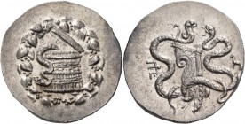 MYSIA. Pergamon. Circa 166-67 BC. Cistophorus (Silver, 30 mm, 12.72 g, 12 h), c. 160-150. Serpent emerging to left from a partially open cista mystica...