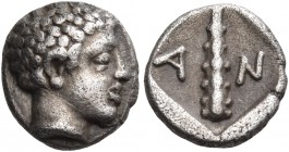 LESBOS. Antissa. Circa 400 BC. Obol (Silver, 8 mm, 0.71 g, 6 h). Youthful male head ( apparently a sub-Saharan African ). Rev. Club, shown vertically ...