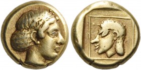 LESBOS. Mytilene. Circa 412-378 BC. Hekte (Electrum, 10 mm, 2.52 g, 12 h). Female head (Artemis-Kybele?) to right, wearing a hair band with pearls ove...