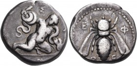 IONIA. Ephesos. 405/404 BC. Double Siglos (Silver, 20 mm, 11.19 g, 11 h). Σ - Υ - Ν Infant Herakles ( Herakliskos ) kneeling to right, strangling two ...