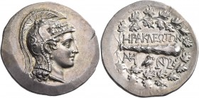 IONIA. Herakleia ad Latmon. Circa 150-142 BC. Tetradrachm (Silver, 32 mm, 16.73 g, 9 h). Head of Athena to right, wearing triple-crested Attic helmet ...