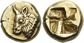 IONIA. Phokaia. Circa 625/0-522 BC. Hekte (Electrum, 10 mm, 2.58 g). Head of a bull to left, with a dotted truncation; behind neck, seal swimming upwa...